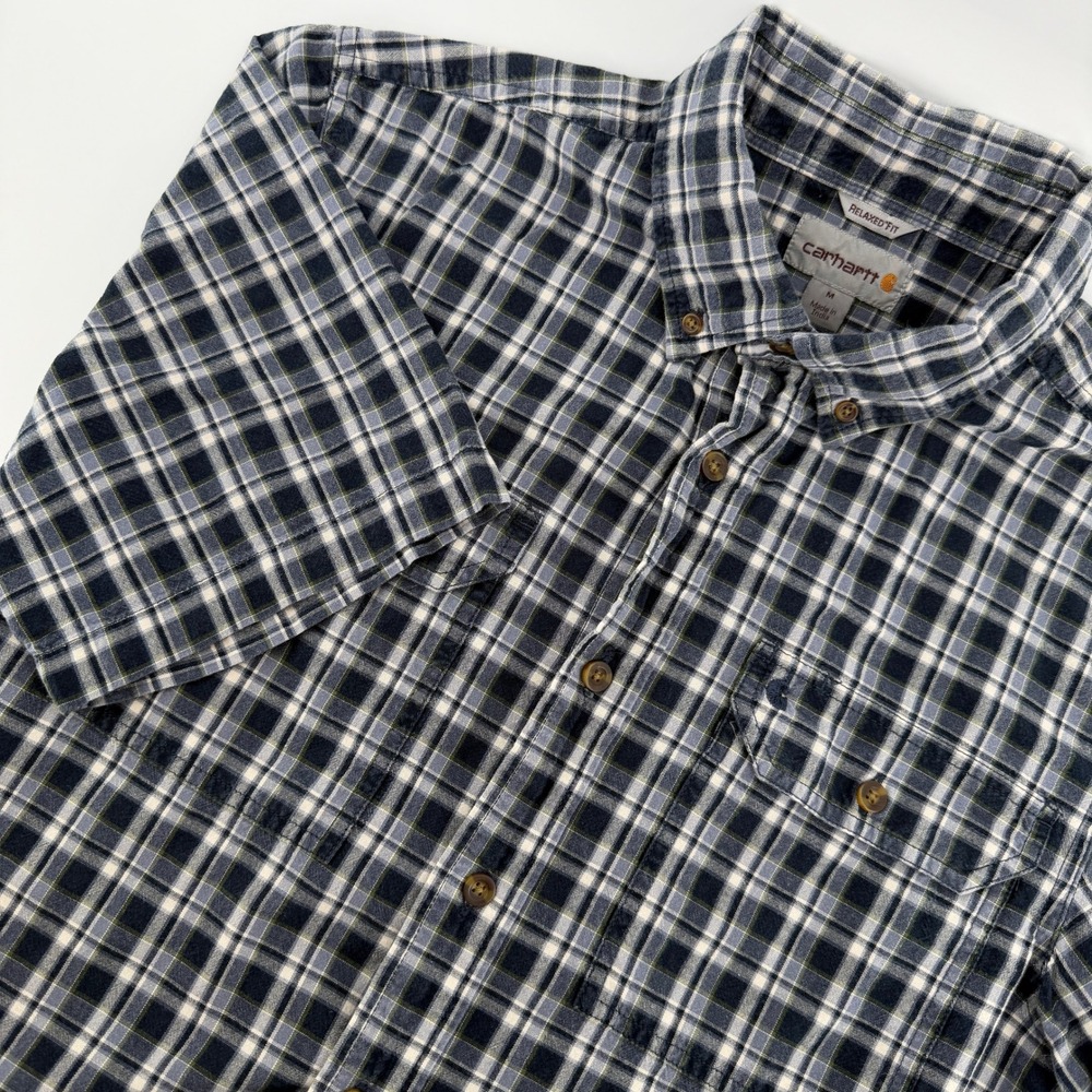 Carhartt Button Down Shirt Mens Medium Blue Plaid Short Sleeve Relaxed Fit Work